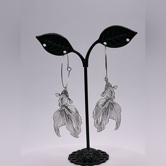 Oversized Silver Fish Hoop Earrings - Unique Statement Hoop Earrings - Picture 3 of 12